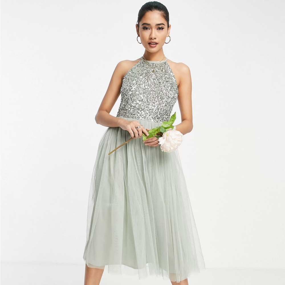 Maya Deluxe Sequin Tulle sage green dress US 10//UK 14 NWT $148